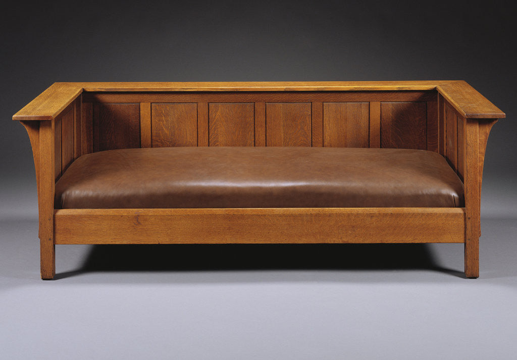 Detail of L. & J.G. Stickley Company oak 'Prairie' settle by Anonymous