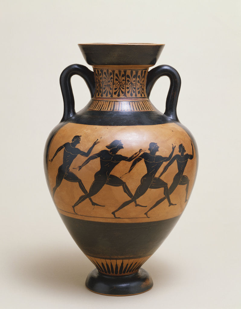 Detail of An Attic black-figure amphora of panathenaic shape featuring four naked athletes sprinting to the right by Anonymous