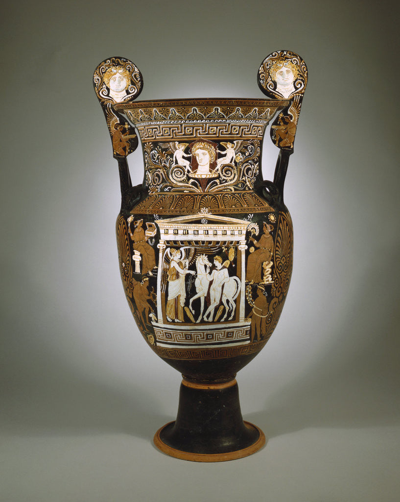 Detail of A large red-figure Apulian volute krater depicting a naikos (young warrior) and a winged Nike by Anonymous