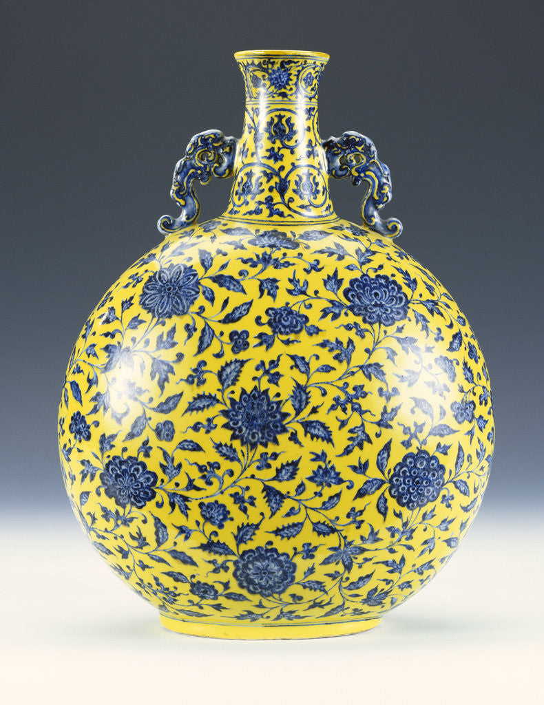 Detail of An underglaze blue and yellow enamelled moonflask with a peony and lotus pattern by Corbis
