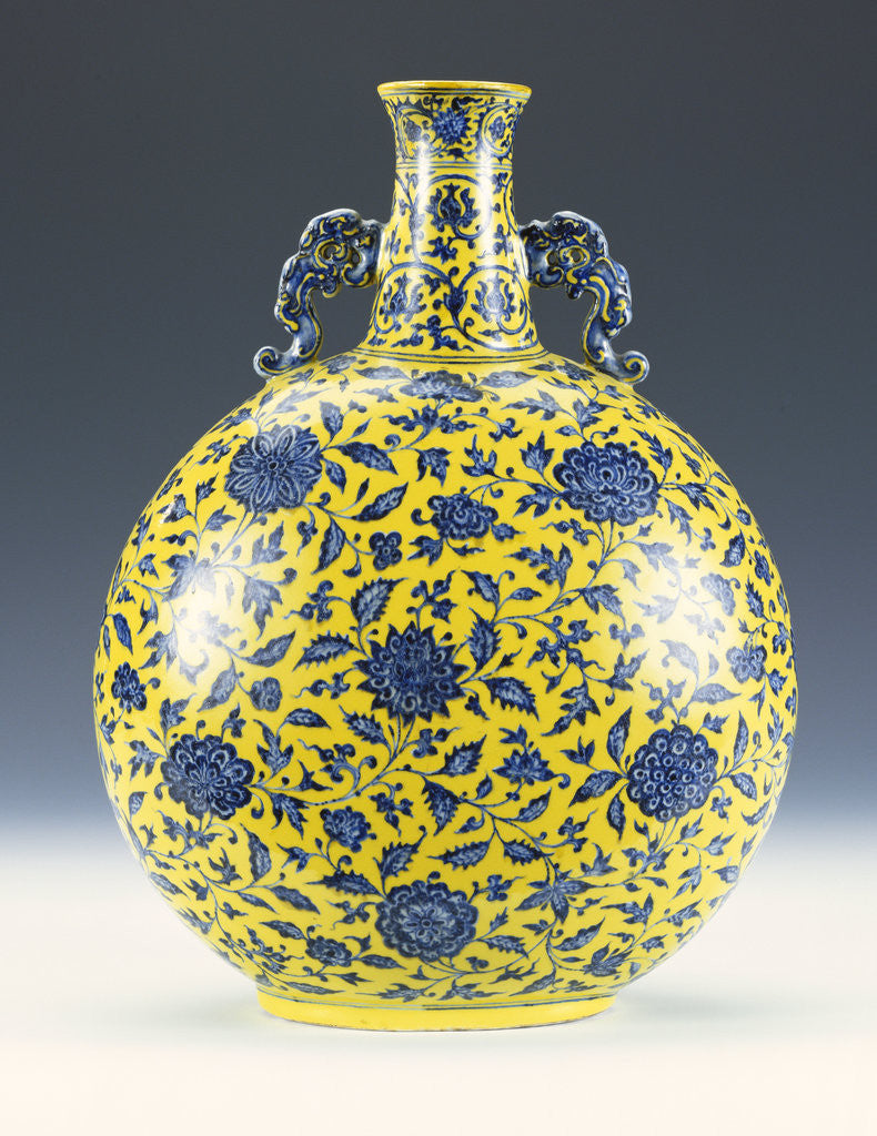 Detail of An underglaze blue and yellow enamelled moonflask with a peony and lotus pattern by Anonymous