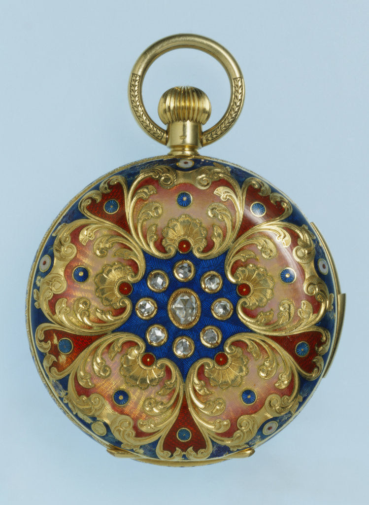 Detail of A Swiss gold, enamel and jewelled hunter-cased Jacquemart repeating watch by Anonymous