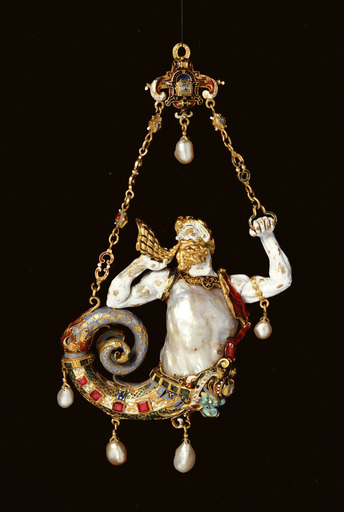Detail of A jewel formed as a merman blowing a conch by Corbis