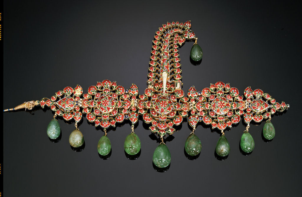 Detail of North Indian diamond, emerald and enamel sarpech by Corbis