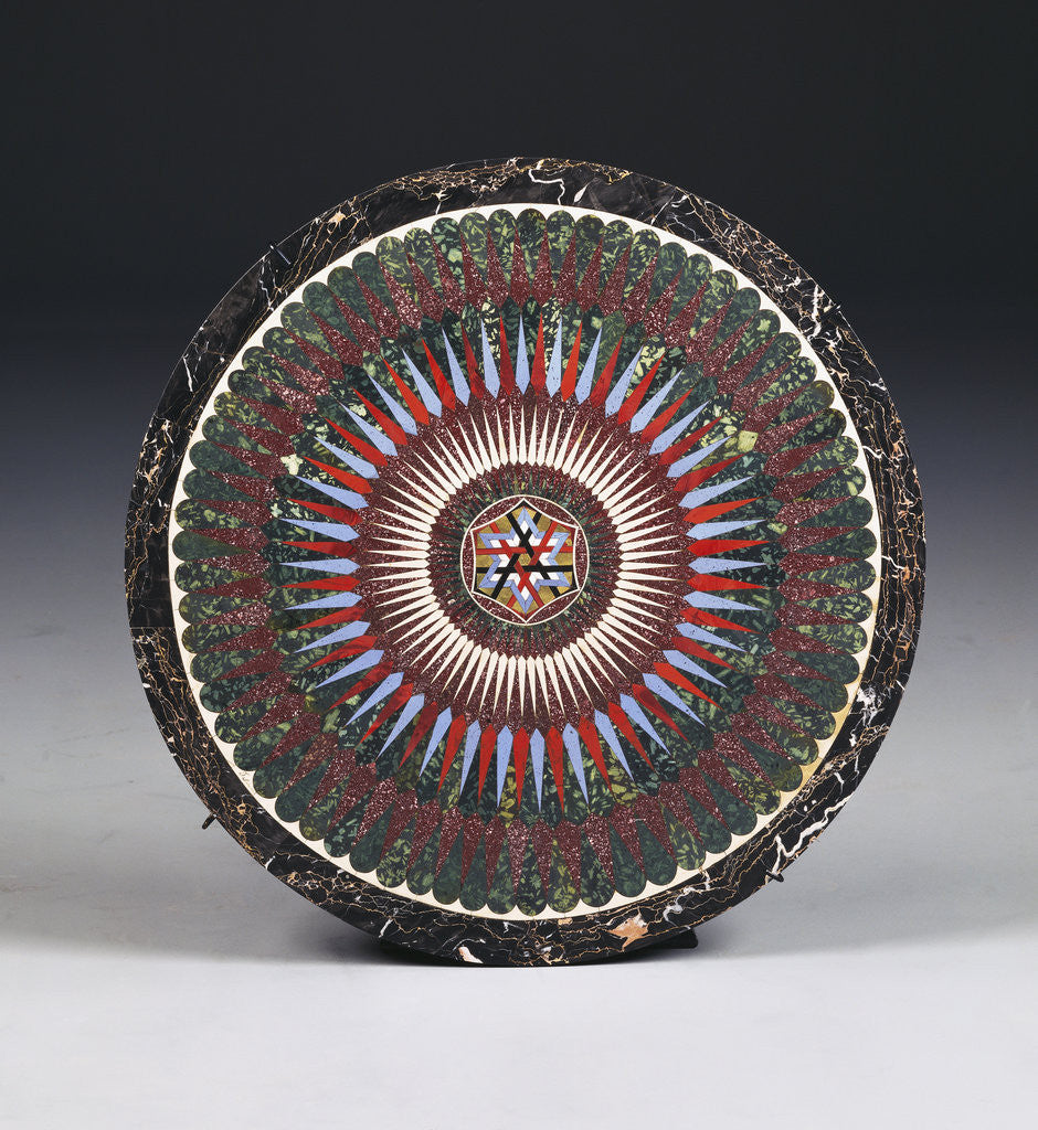 Detail of A Roman specimen marble and glass circular top by Francesco Sibilio, with central parcel-gilt concave-sided hexagonal strapwork motif by Anonymous