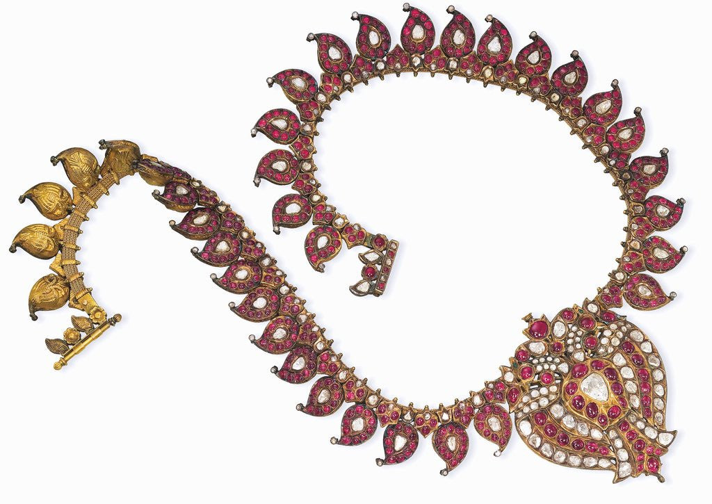Detail of An Indian ruby and diamond necklace with a centre-piece designed as a double-peacock and set with table-cut diamonds and ruby cabochons throughout by Anonymous