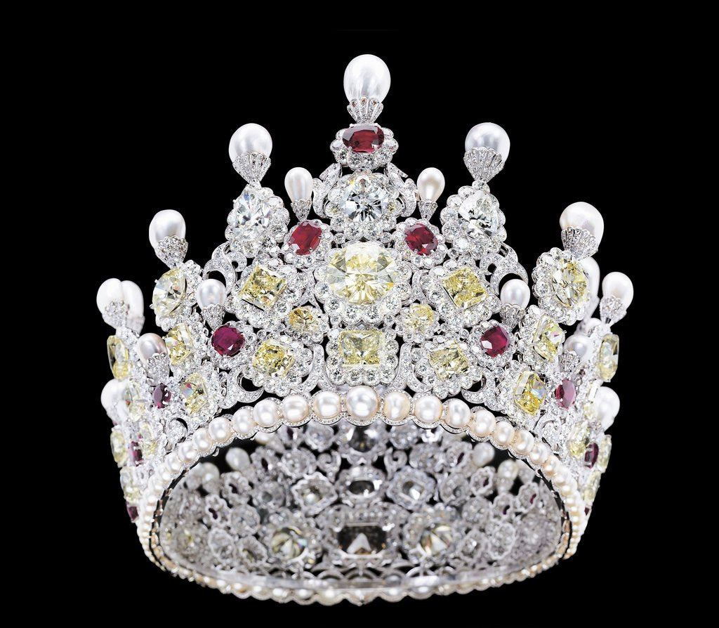 Detail of An extraordinary coloured diamond, diamond, natural pearl and ruby crown, mounted in platinum by Anonymous