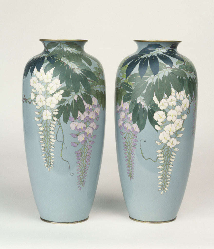 Detail of A pair of cloisonne baluster vases depicting wisteria by Anonymous