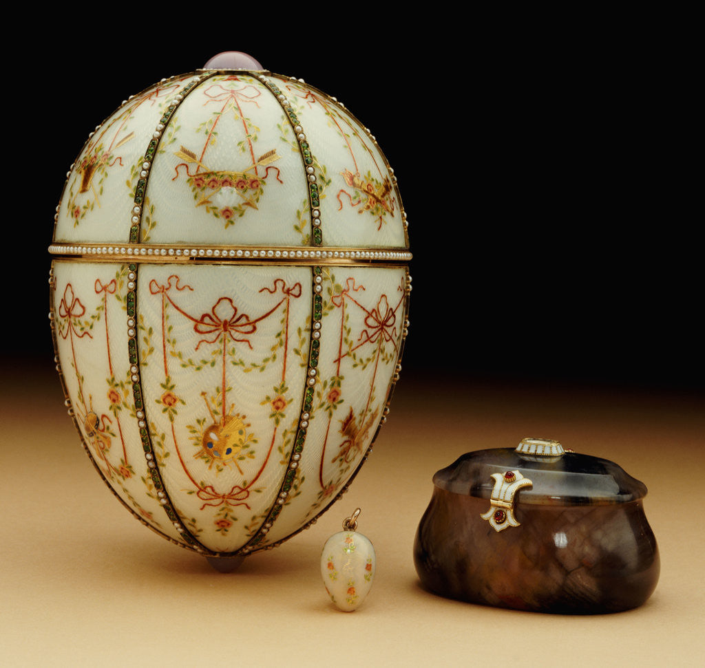 Detail of Faberge Kelch Bonbonniere egg pictured with its surprises by Anonymous
