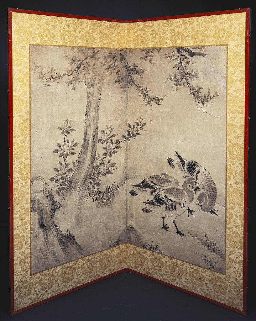 Detail of Three Ducks on a Riverbank of Pine and Scattered Flowers by Anonymous