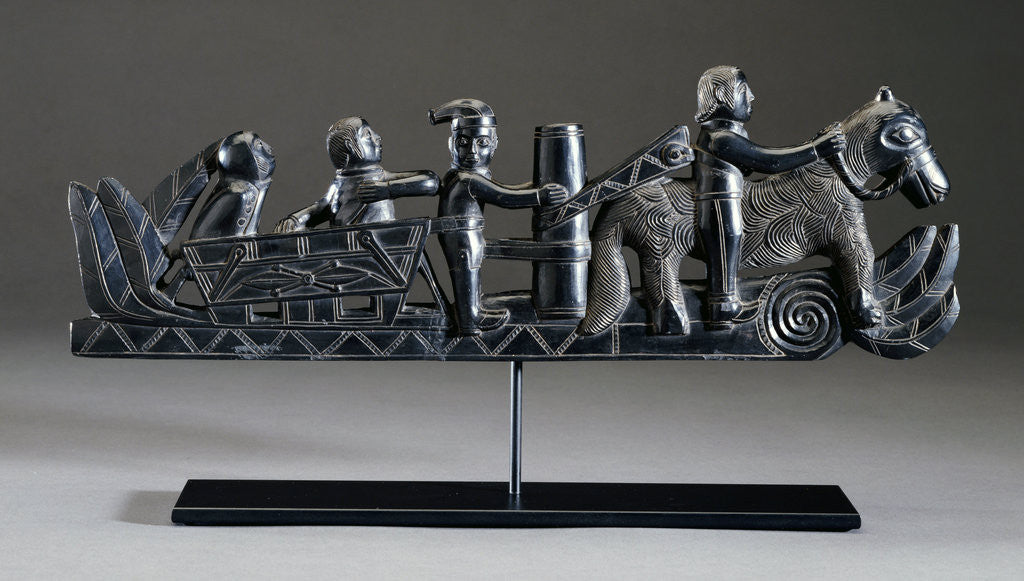 Detail of A Haida argillite ship pipe depicting a ship, an equestrian scene and various scroll and foliate motifs by Corbis