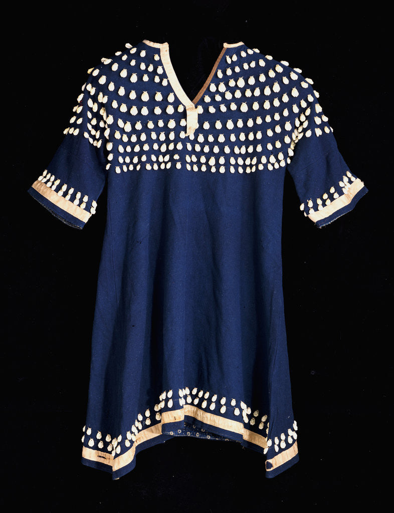 Detail of A Hunkpapa Sioux girl's dress of blue wool cloth trimmed with cowrie shells by Anonymous