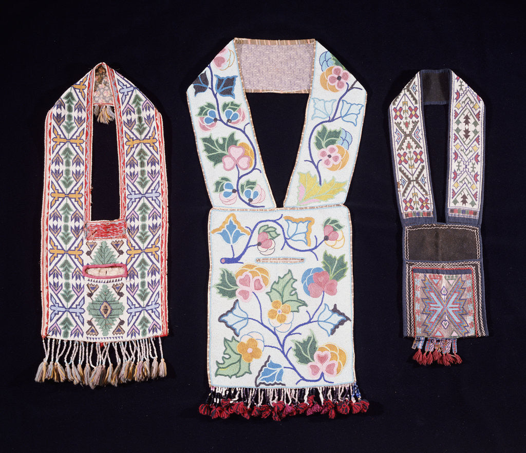 Detail of A Potawatomi beaded cloth shoulder bag and two Great Lakes region cloth shoulder bags by Anonymous