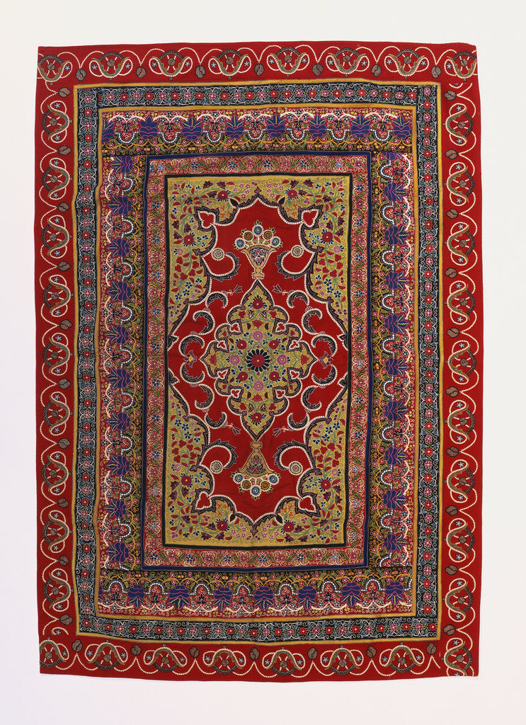 Detail of A hanging of red wool facecloth applied and embroidered with a Floral ogival medallion of pale green wool by Anonymous