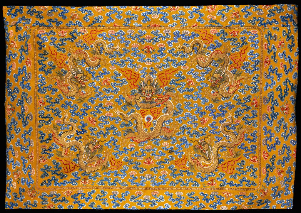 Detail of Chinese Kang cover of yellow facecloth, with five dragons in gilt thread among clouds by Anonymous