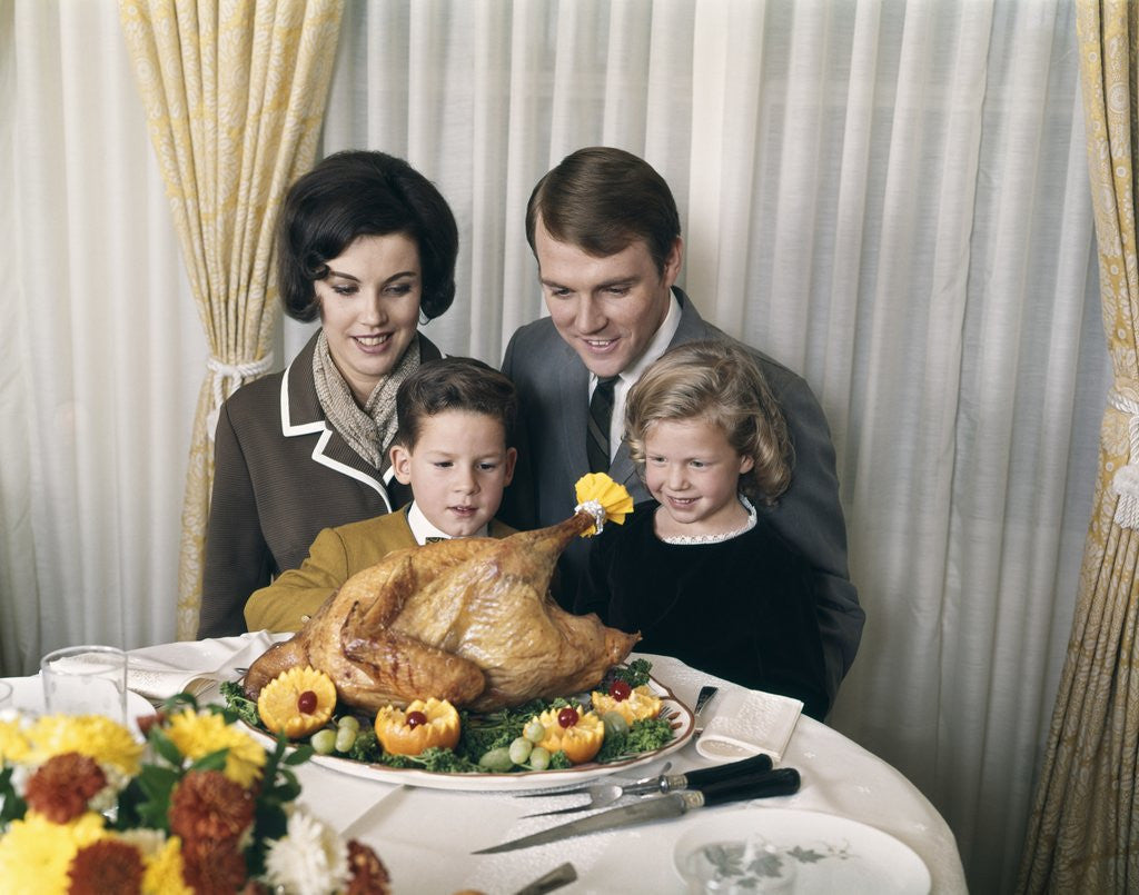 Detail of 1960s 1970s Family Portrait With Holiday Roasted Turkey On Dining Table by Anonymous