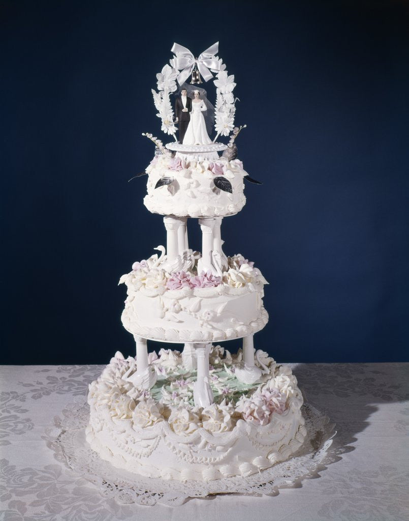 Detail of 1960s Three Tier Ornately Decorated Wedding Cake by Anonymous