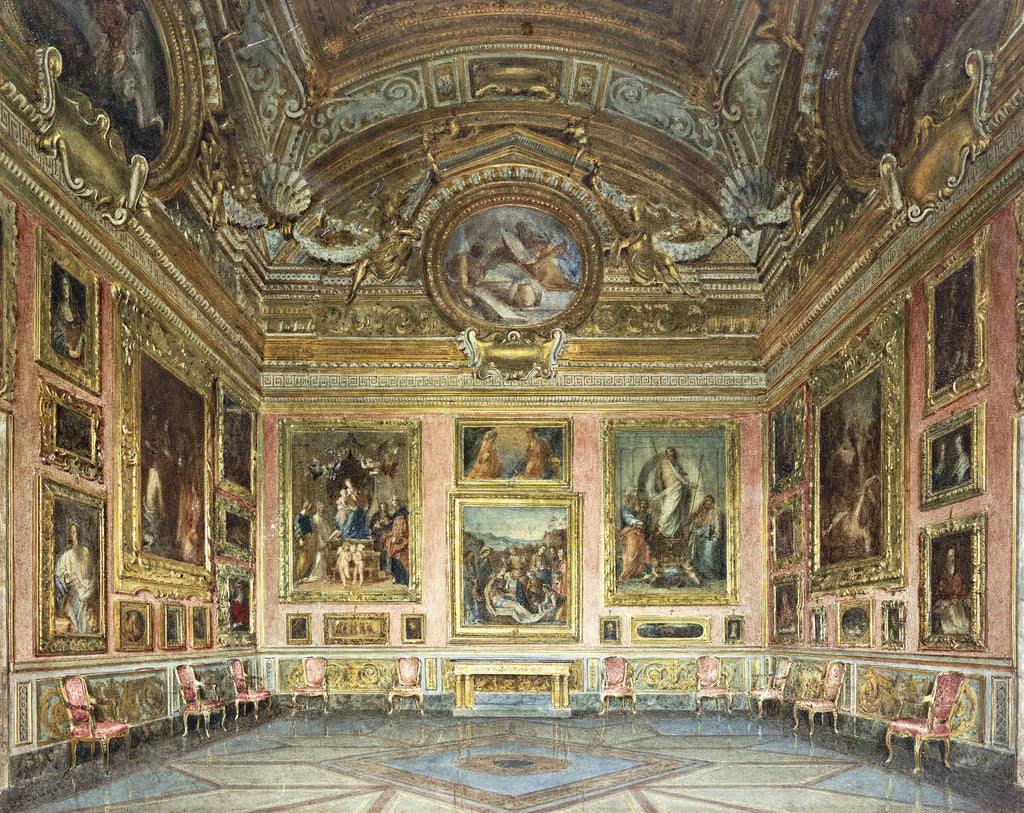 Detail of Interiors of the Palazzo Pitti, Florence: The Sala di Saturno with Perugino's 'Lamentation' flanked by paintings by Fra Bartolommeo and Raphael by Domenica Caligo by Anonymous