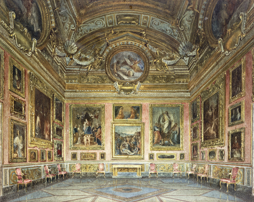Detail of Interiors of the Palazzo Pitti, Florence: The Sala di Saturno with Perugino's 'Lamentation' flanked by paintings by Fra Bartolommeo and Raphael by Domenica Caligo by Corbis