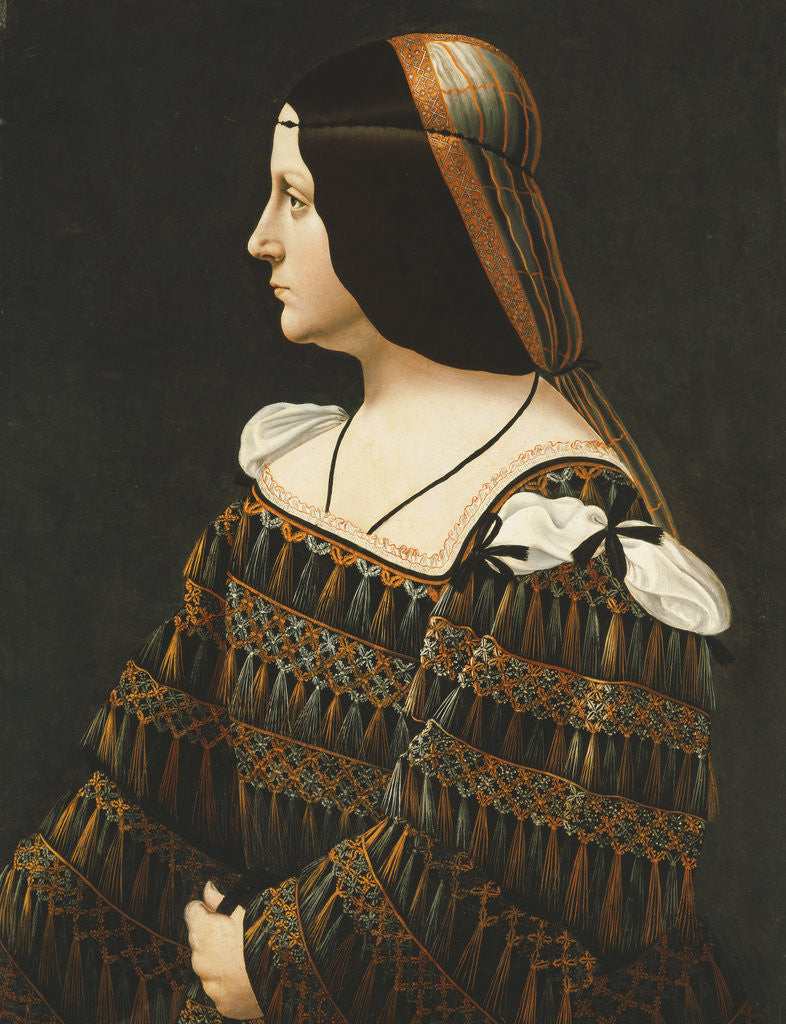 Detail of Portrait of a Lady, Half Length, in Profile, in a Black Dress Decorated with Lace, with Pendant Tassels and Slashed Shoulders and an Orange and Grey Snood by Anonymous