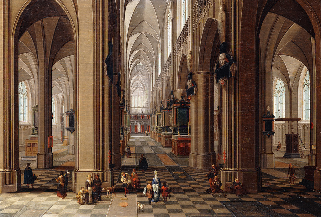 Detail of The Interior of a Gothic Cathedral with Townsfolk and Pigrims by Pieter Neeffs I