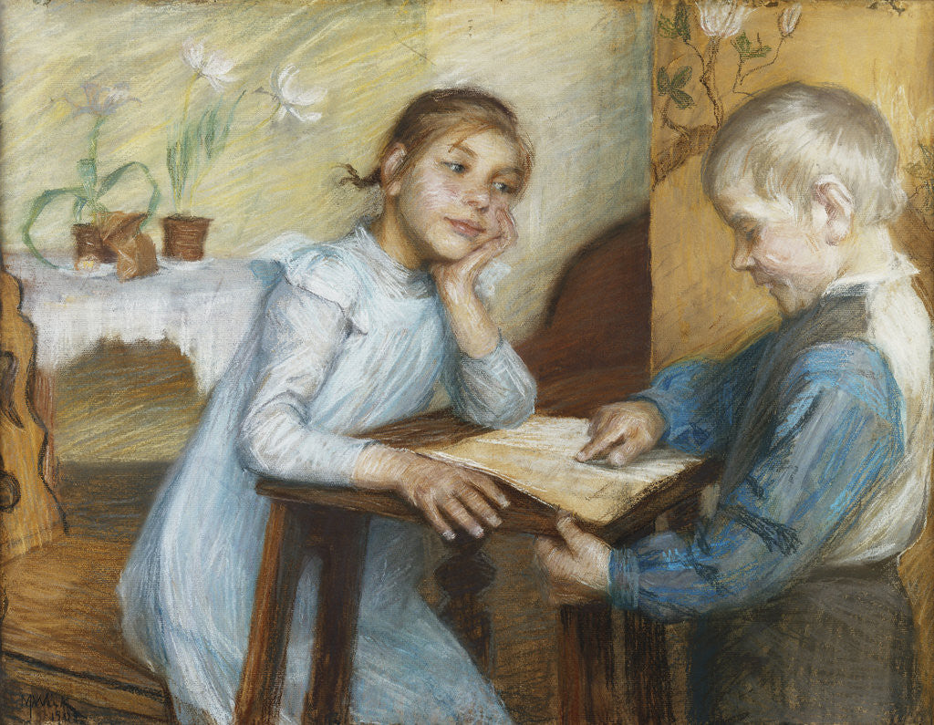 Detail of An Interior with a Boy Reading to a Girl by Maria Wiik