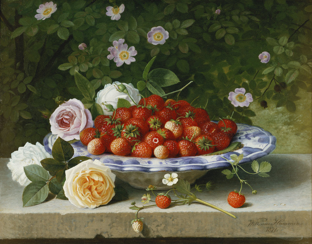 Detail of Strawberries in a Blue and White Buckelteller with Roses and Sweet Briar on a Ledge by William Hammer