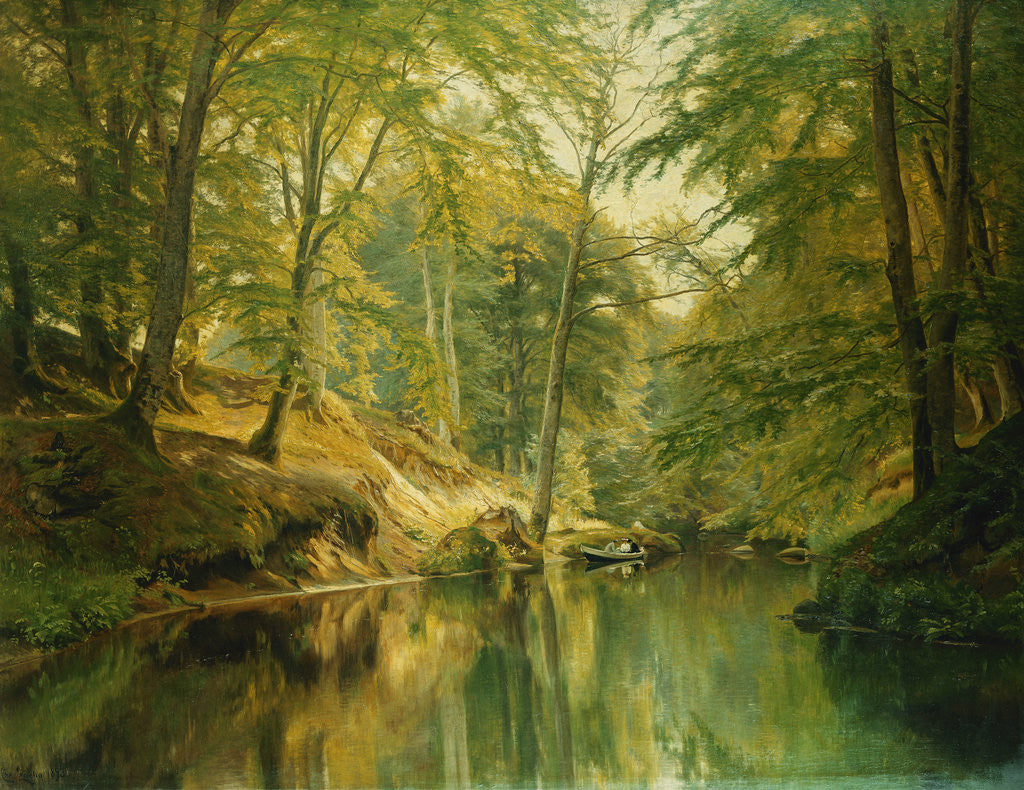 Detail of A Wooded River Landscape with Figures in a Boat by Christian Zacho
