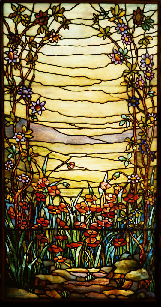 Detail of Tiffany Studios leaded glass landscape window by Corbis