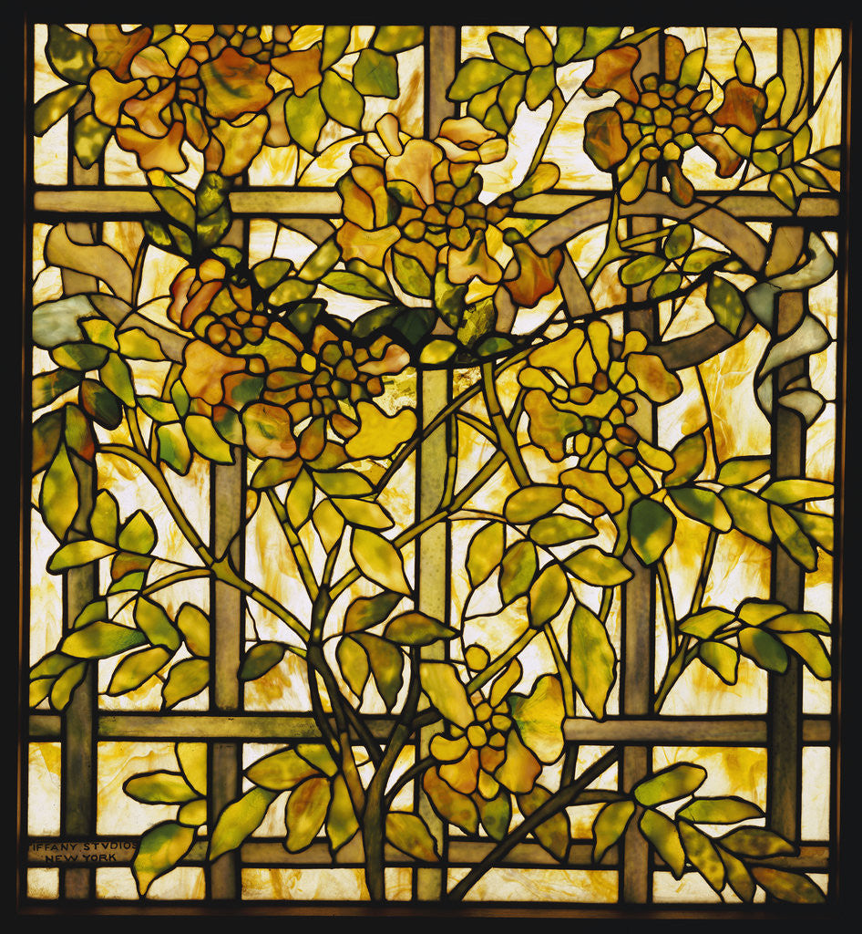 Detail of Tiffany Studios trumpet vine leaded glass window by Anonymous
