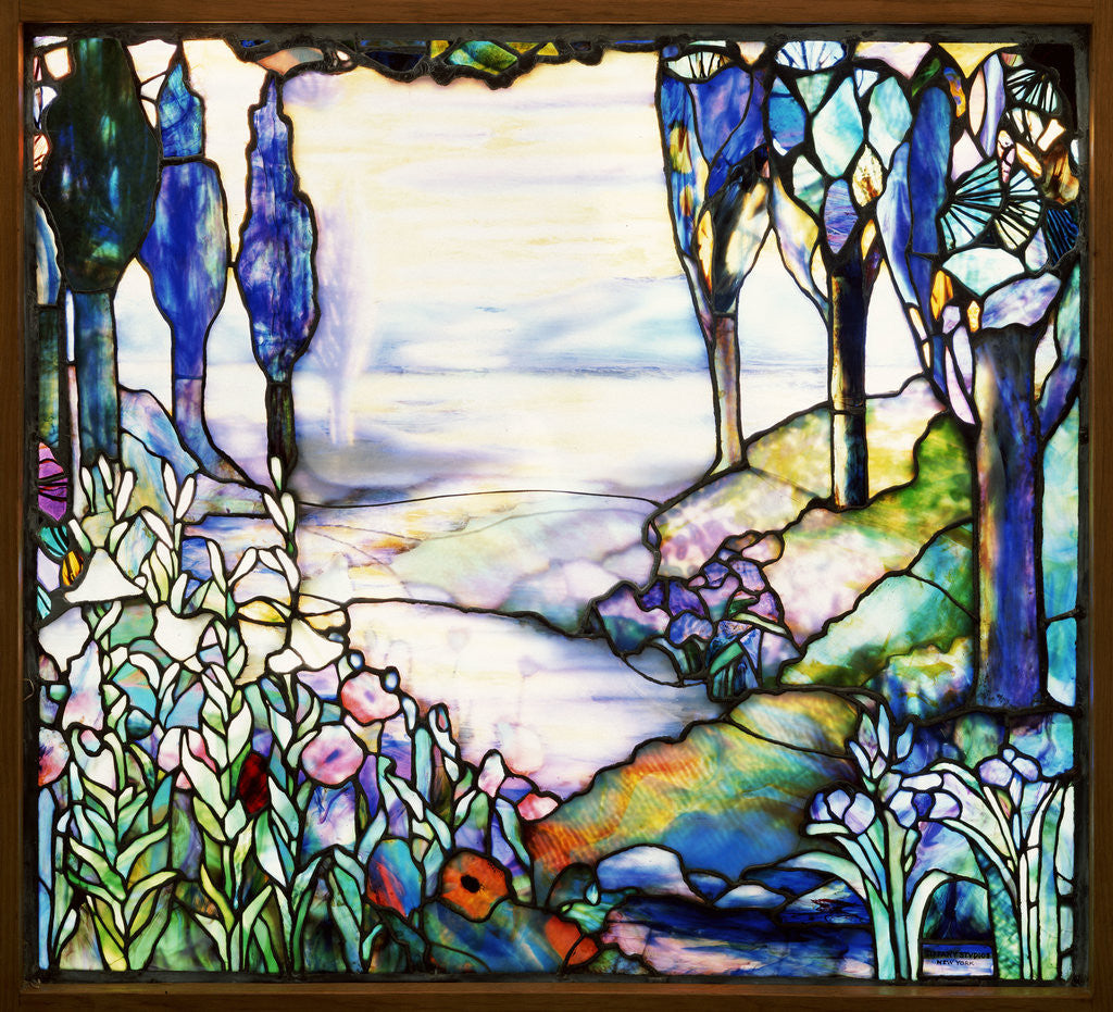 Detail of Tiffany Studios leaded glass landscape window by Anonymous