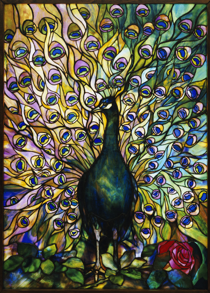 Detail of Tiffany Studios 'Peacock' leaded glass domestic window by Anonymous