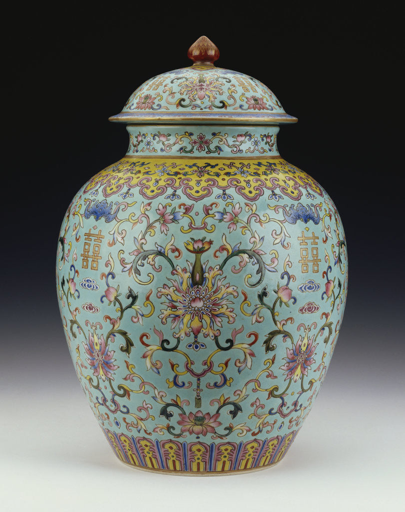 Detail of A famille rose turquoise-ground vase and cover by Anonymous