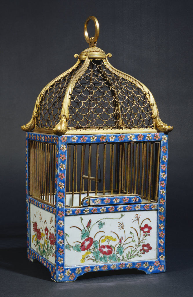 Detail of A Directoire ormolu and Chinese porcelain birdcage, the square domed surmounted by a handle by Anonymous