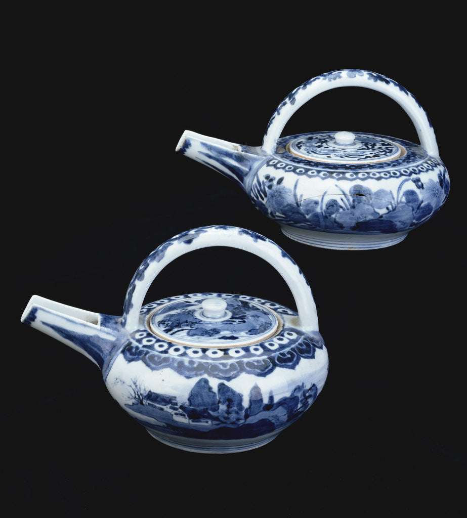 Detail of Two blue and white Arita ewers and covers by Anonymous
