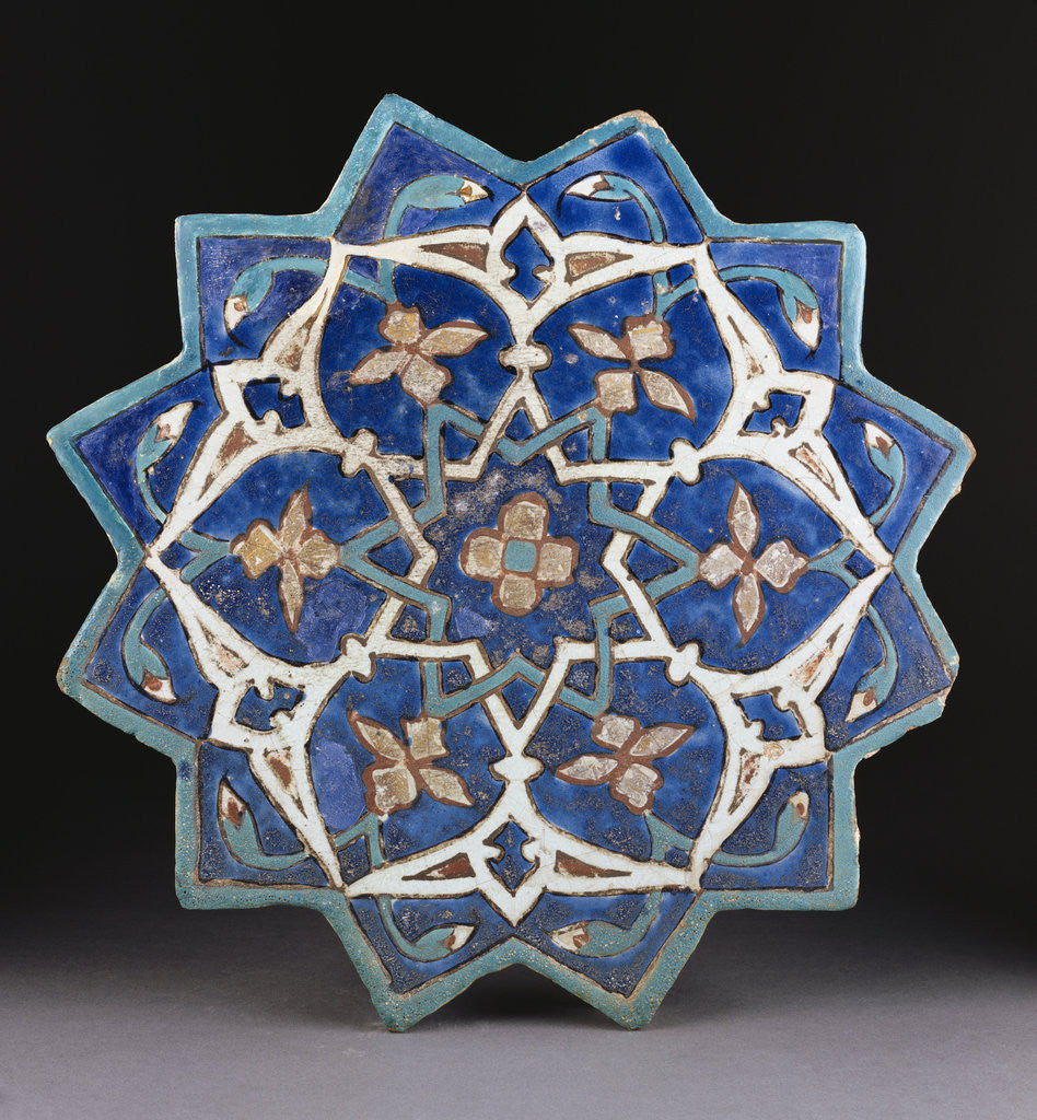 Detail of A Samarkand cuerda Seca stellar tile of twelve pointed form, the blue ground with a central turquoise and gold flower outlined in red by Anonymous