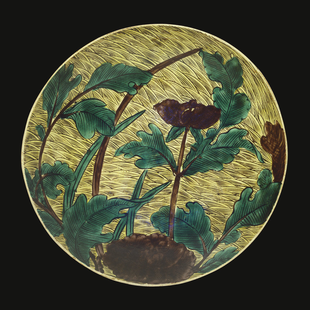 Detail of A large Ao-De Ko-Kutani dish depicting a peony by Anonymous
