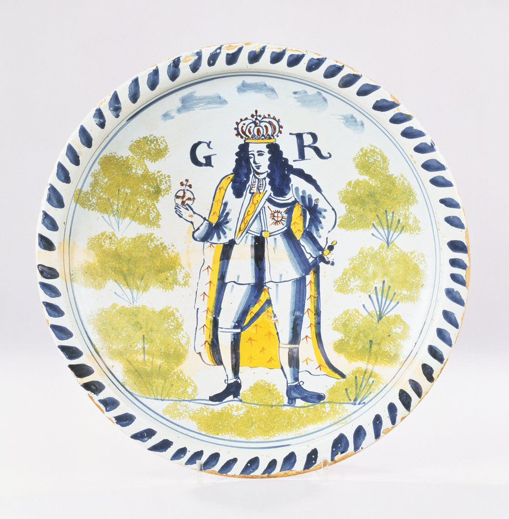 Detail of A Bristol Delft polychrome royal portrait charger painted with a full length portrait of George I in formal robes by Anonymous