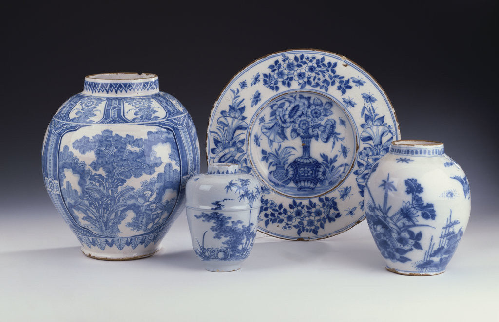 Detail of A selection of Frankfurt blue and white ceramics in a Chinese style, circa 1680-1690 by Anonymous