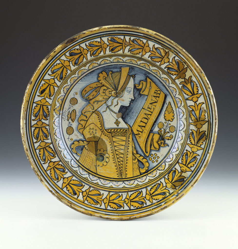 A Deruta blue and gold lustred portrait dish depicting a young woman in profile by Corbis