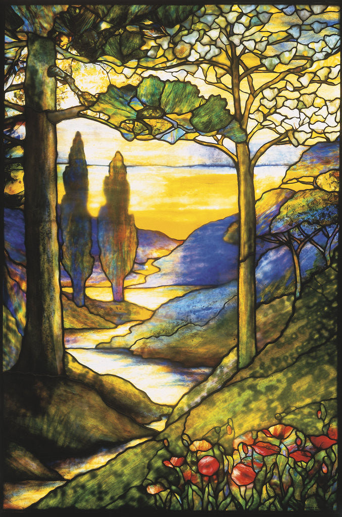 Detail of Tiffany Studios leaded glass scenic window by Anonymous