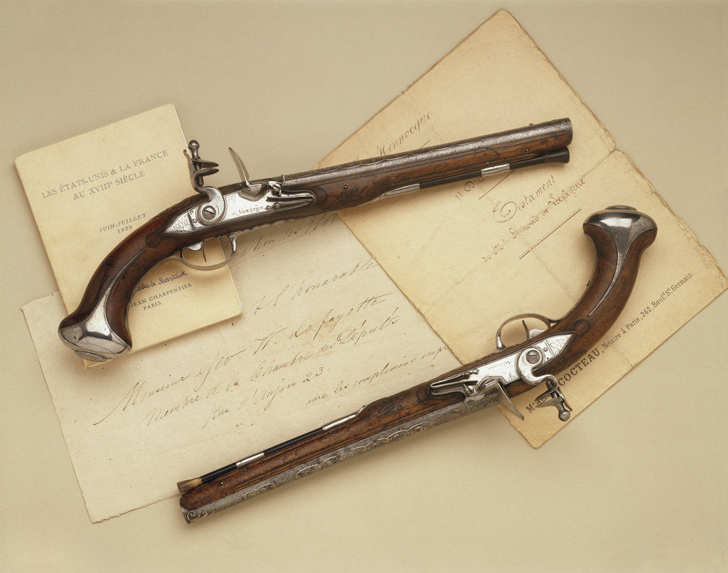 Detail of The Lafayette-Washington pair of steel-mounted 'saddle' pistols by Anonymous