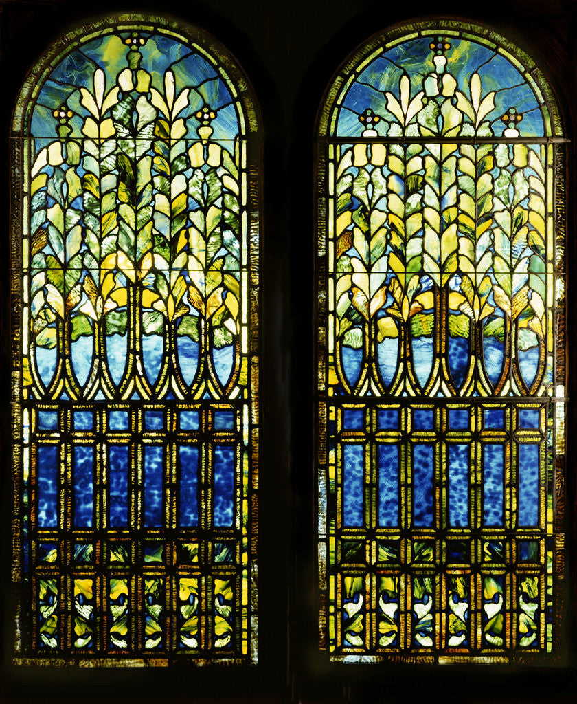 Detail of Tiffany Studios leaded and plated glass windows by Anonymous