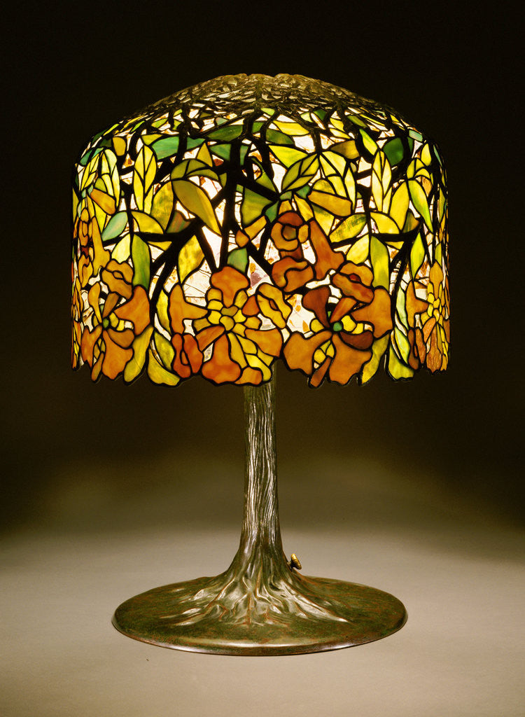 Detail of Tiffany Studios 'Trumpet Creeper' leaded glass and bronze table lamp by Anonymous