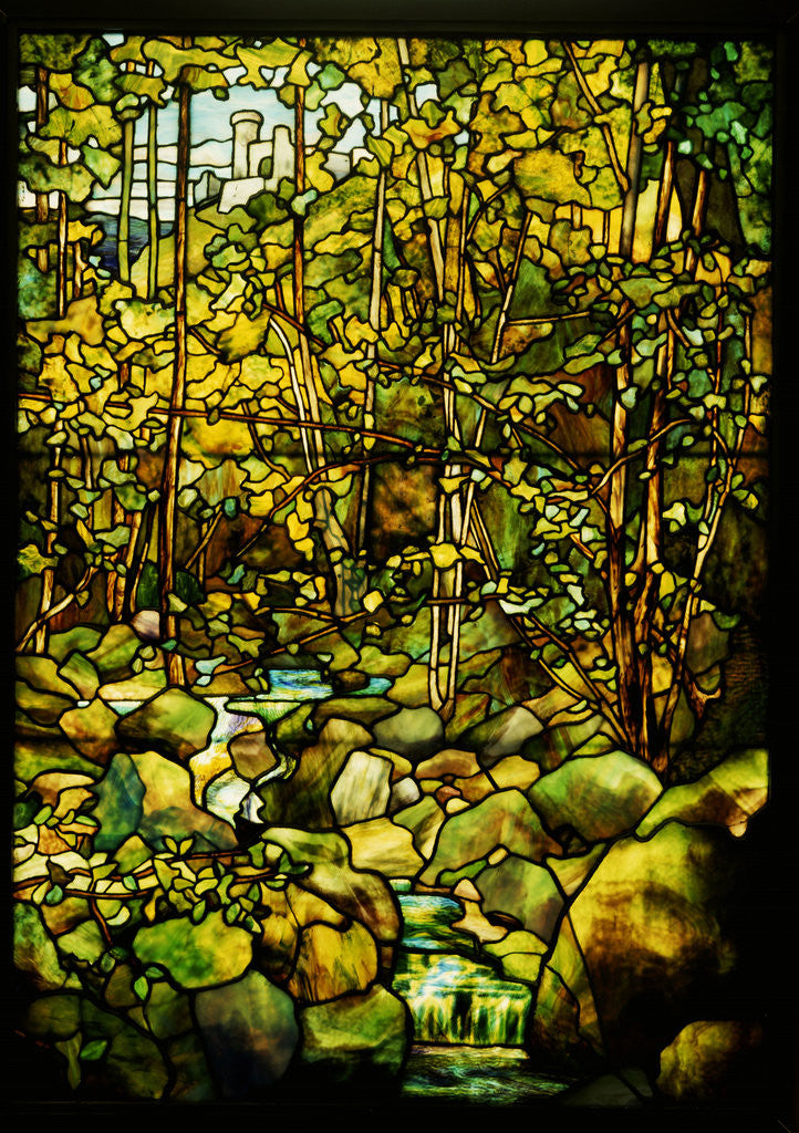 Detail of Tiffany Studios leaded glass window of a woodland scene by Anonymous
