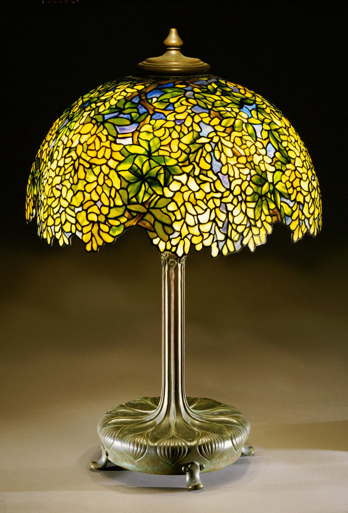 Detail of Tiffany Studios 'Laburnum' leaded glass and bronze table lamp by Anonymous