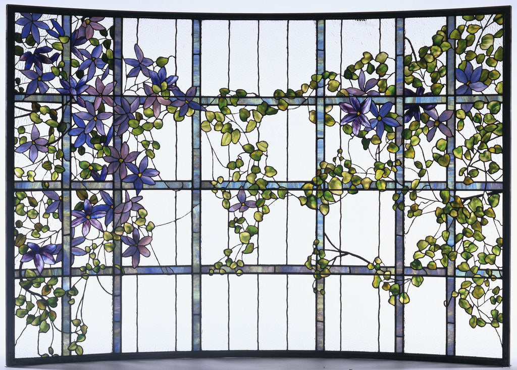 Detail of Tiffany Studios 'Clematis' leaded glass three-sectioned skylight by Anonymous