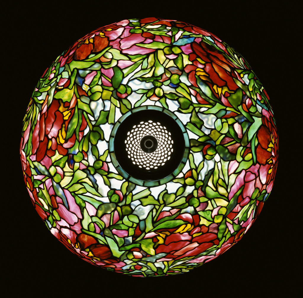 Detail of Top view of Tiffany Studios 'Elaborate Peony' leaded glass and bronze table lamp by Anonymous