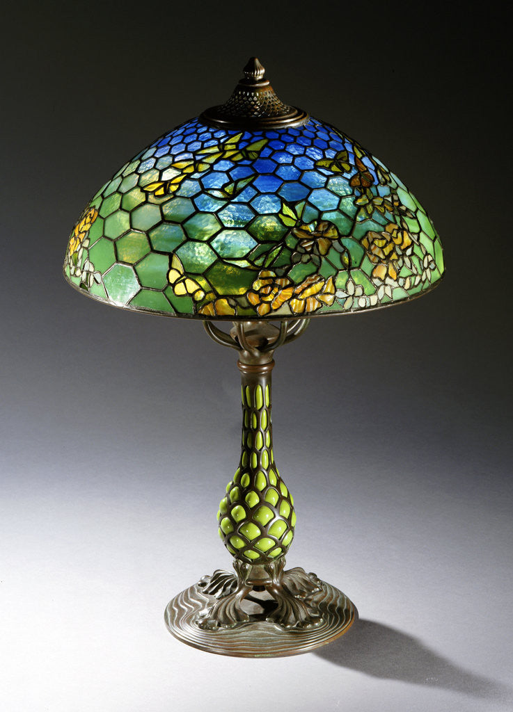 Detail of Tiffany Studios 'Butterfly' leaded glass and bronze table lamp by Anonymous