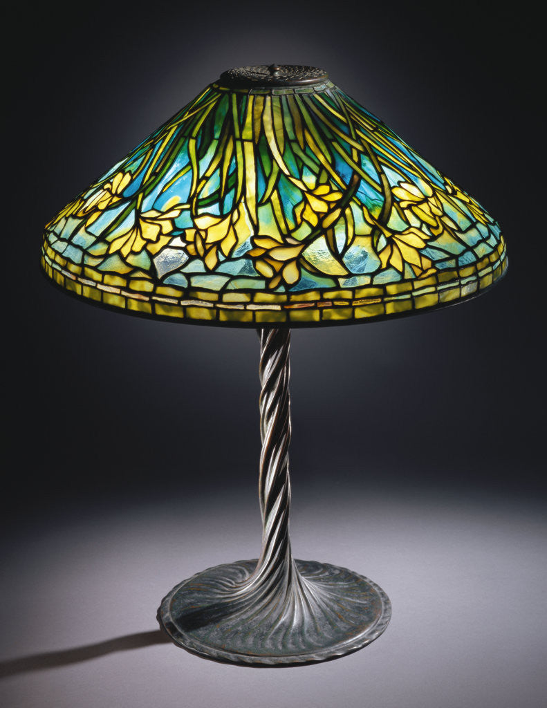 Detail of Tiffany Studios 'Daffodil' leaded glass and bronze table lamp by Anonymous